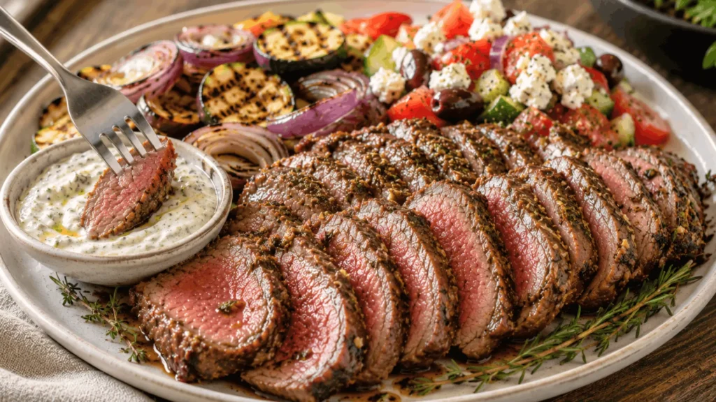 Sliced grilled boneless leg of lamb plated with grilled vegetables, Greek salad, and creamy garlic dressing