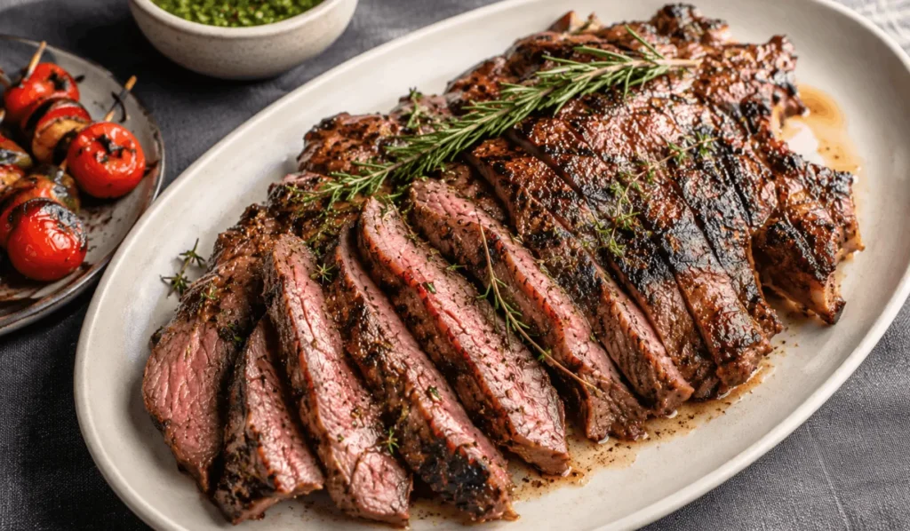 Butterflied leg of lamb sliced and topped with fresh rosemary, served with herb sauce and grilled tomatoes