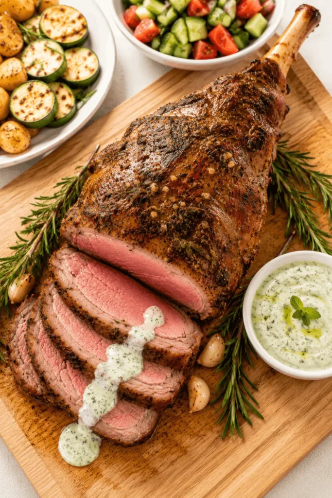 Grilled leg of lamb sliced on a wooden board with potatoes, salad, and mint sauce