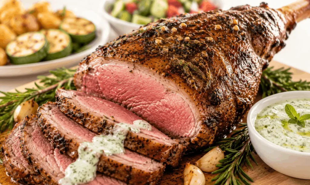 Sliced grilled leg of lamb with a golden herb crust, mint yogurt sauce, and grilled vegetables
