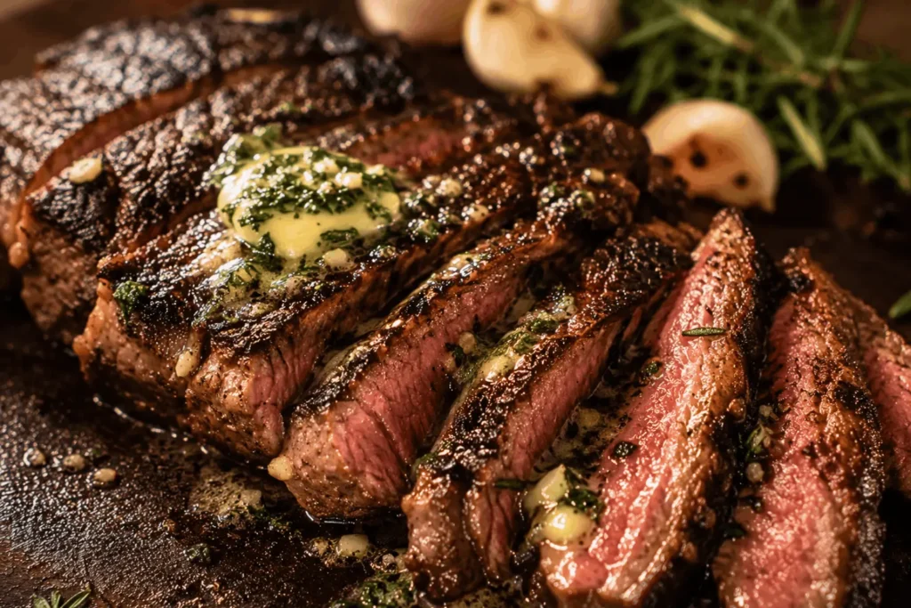 Sliced beef chuck eye steak with melted herb butter, seared in cast iron