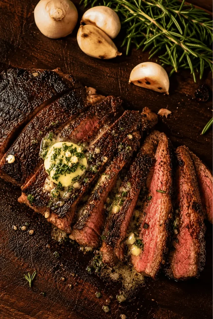 Overhead view of seared chuck eye steak topped with herb compound butter