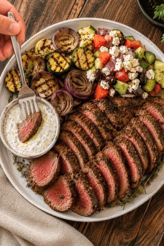 Overhead view of sliced grilled boneless leg of lamb on a platter with grilled onions, zucchini, and Greek salad