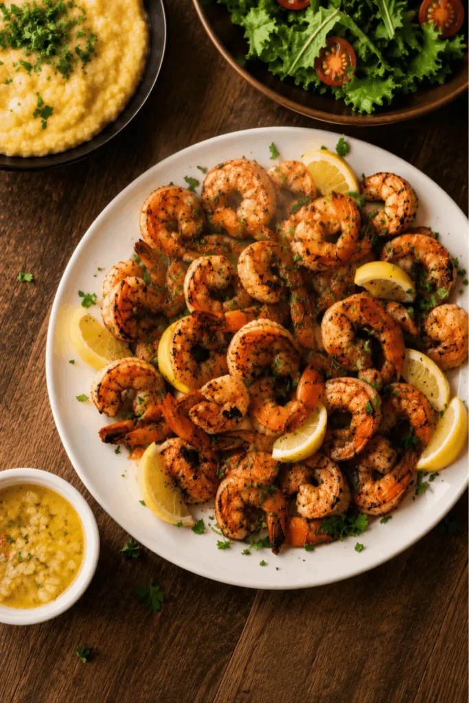 Overhead view of smoked shrimp recipe on a white plate with lemon wedges, garlic butter, grits, and salad