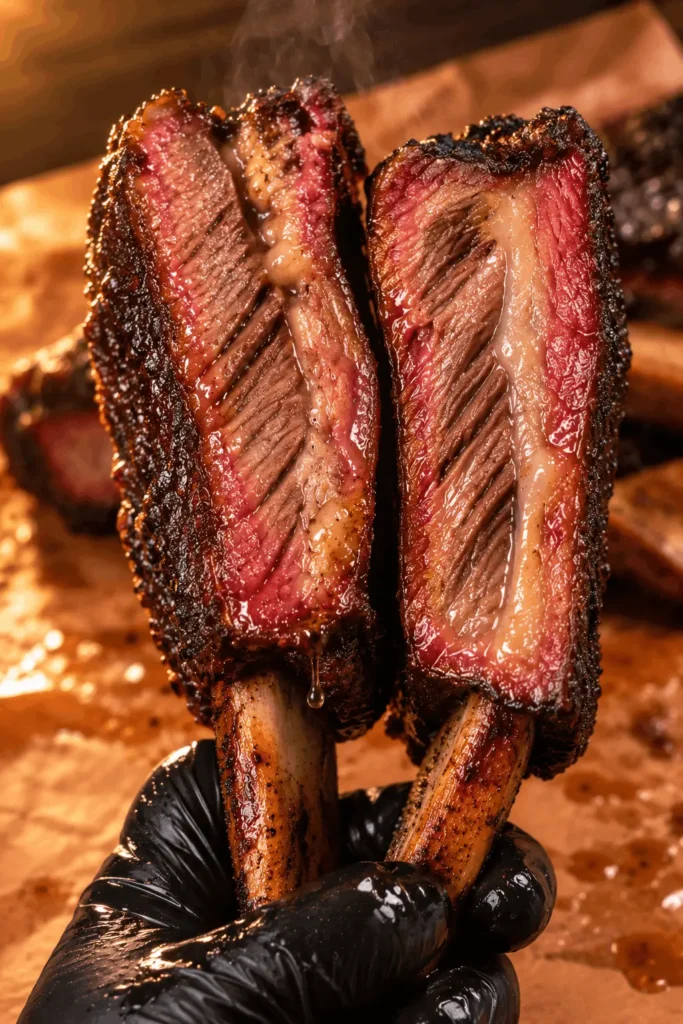 Two smoked dino beef ribs held up close, sliced to reveal a deep pink smoke ring and juicy meat