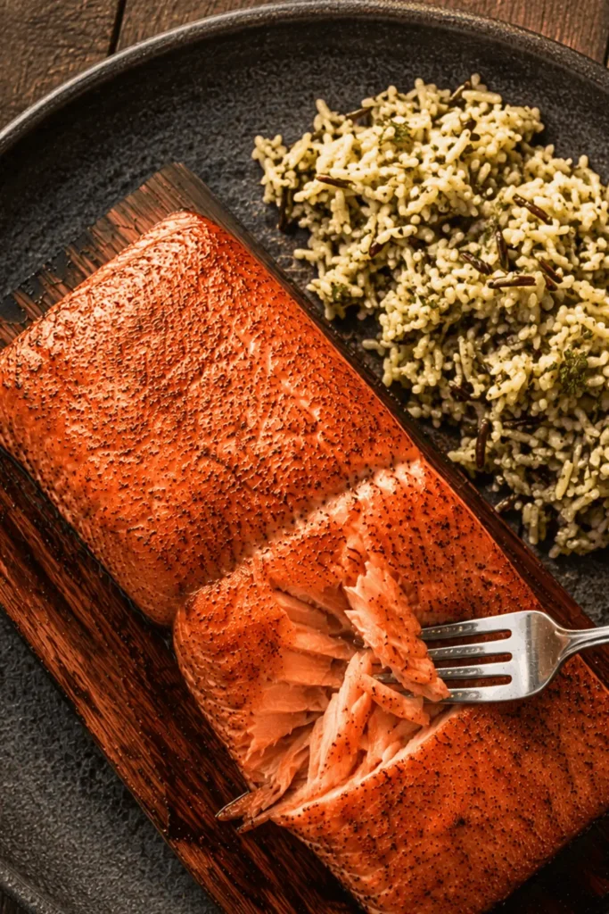 Traeger cedar plank salmon fillet on a charred cedar plank, flaked with a fork, served with wild rice pilaf