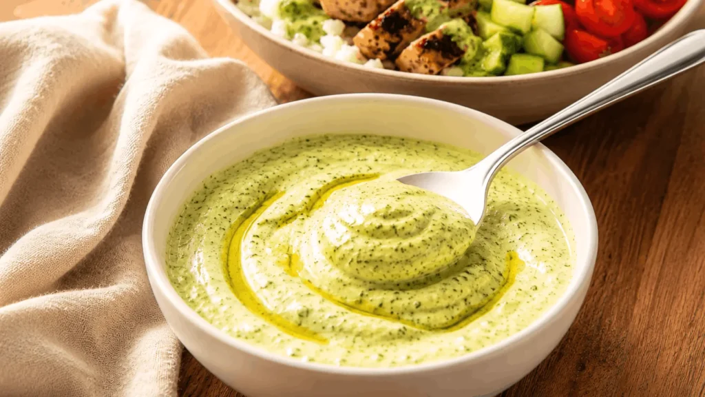 Close-up of homemade CAVA Lemon Herb Tahini dressing drizzled with olive oil, next to a CAVA-style bowl