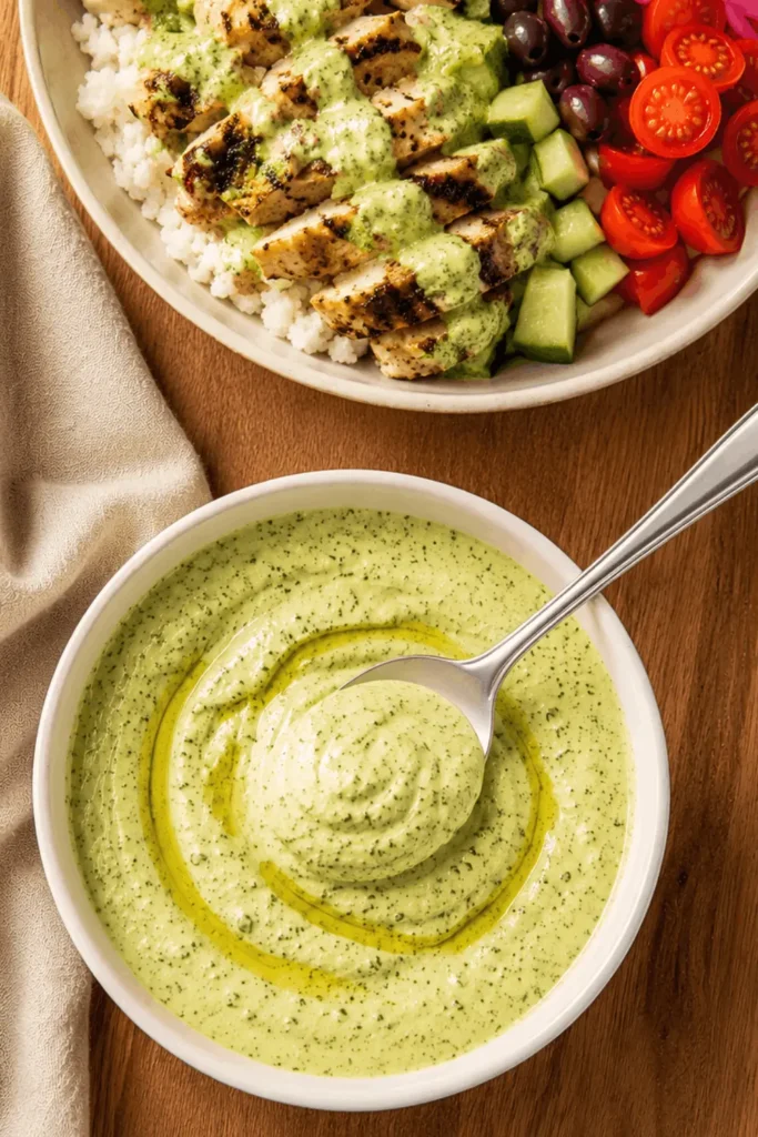 Creamy CAVA Lemon Herb Tahini sauce in a white bowl with a steel spoon, served beside a grilled chicken grain bowl