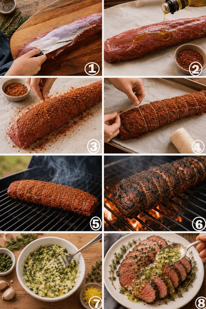 Step-by-step process collage showing how to smoke beef tenderloin using the reverse-sear method, from trimming and seasoning to smoking, searing, making garlic herb butter, and slicing.