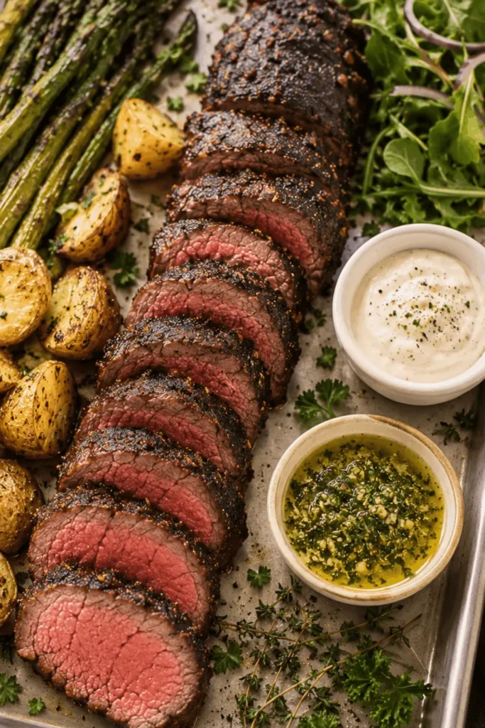 Sliced smoked beef tenderloin with a deep charred crust and pink medium-rare center, served with roasted potatoes, grilled asparagus, and small bowls of horseradish cream and garlic herb butter sauce.