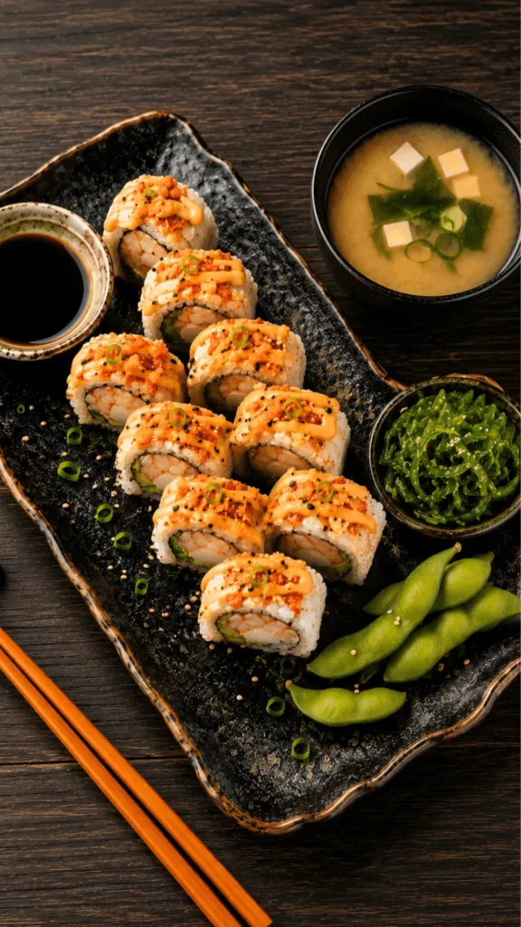 Close-up of spicy shrimp roll slices topped with sesame seeds and scallions