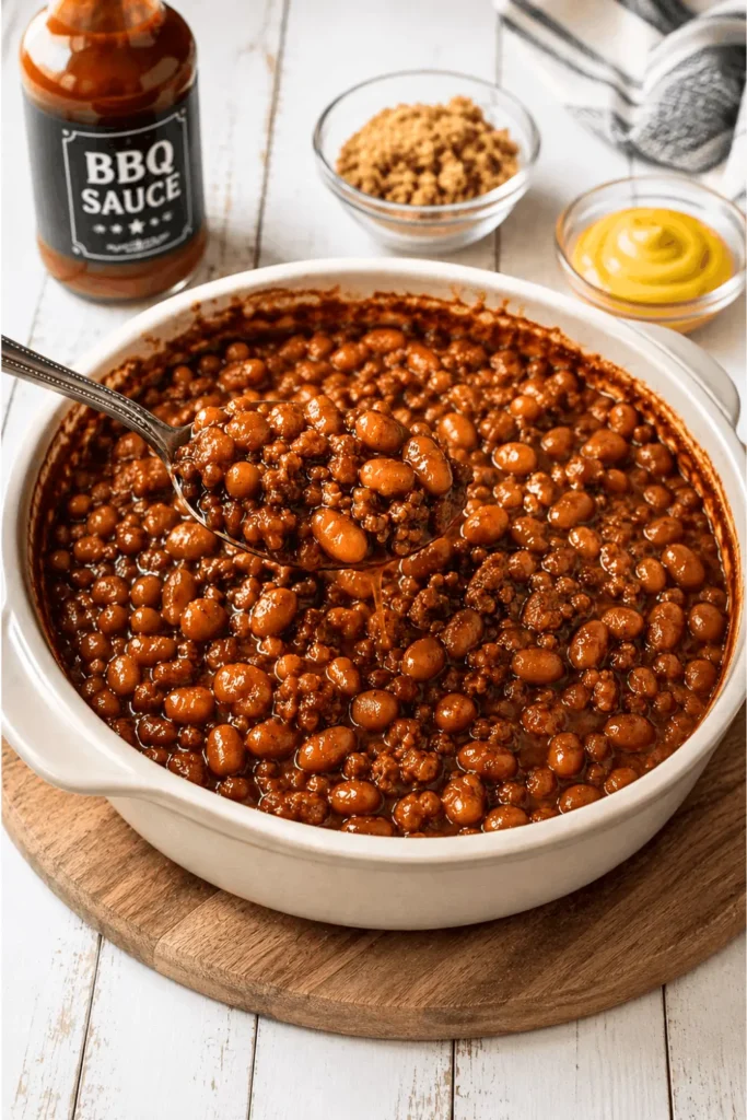 Spoon lifting a scoop of baked beans with hamburger meat from a white dish, with BBQ sauce and brown sugar nearby