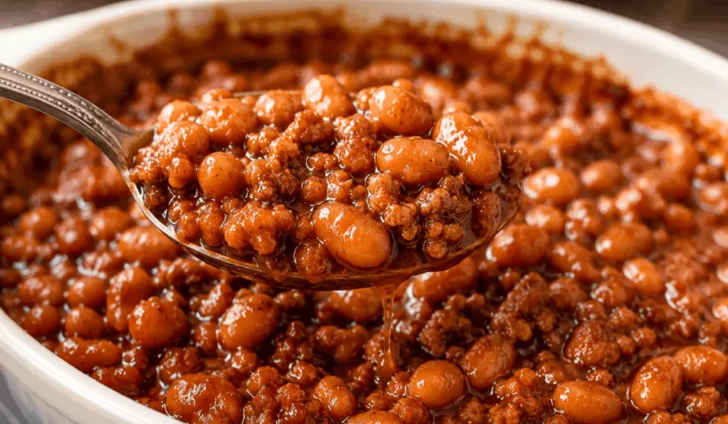 Baked beans with hamburger meat, showing glossy BBQ sauce dripping off a spoon