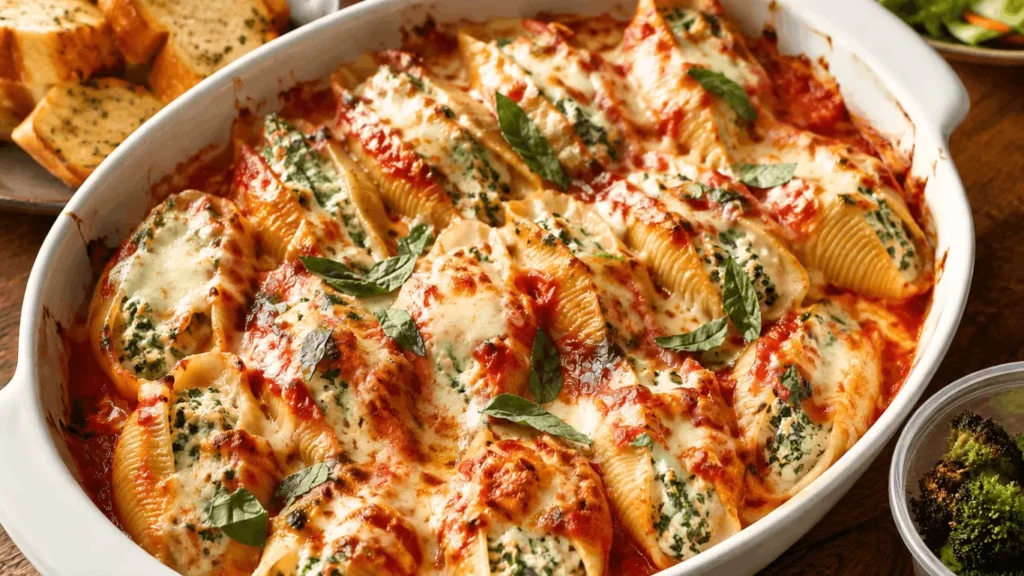 Barefoot Contessa stuffed shells recipe served with garlic bread and roasted broccoli on the side