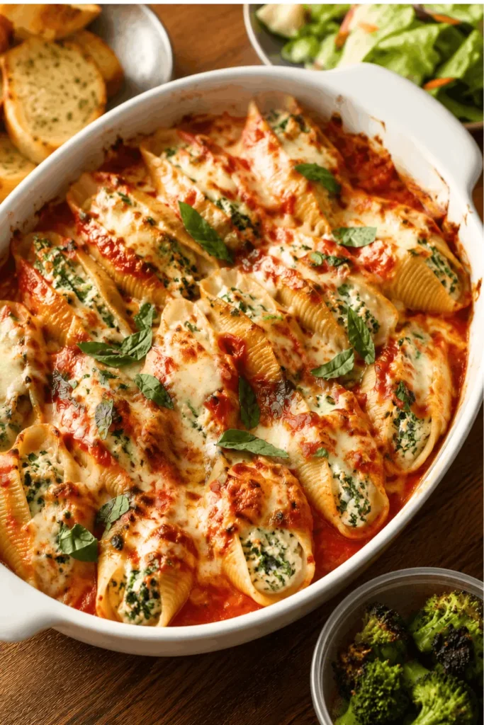 Barefoot Contessa stuffed shells baked in marinara sauce topped with melted mozzarella and fresh basil