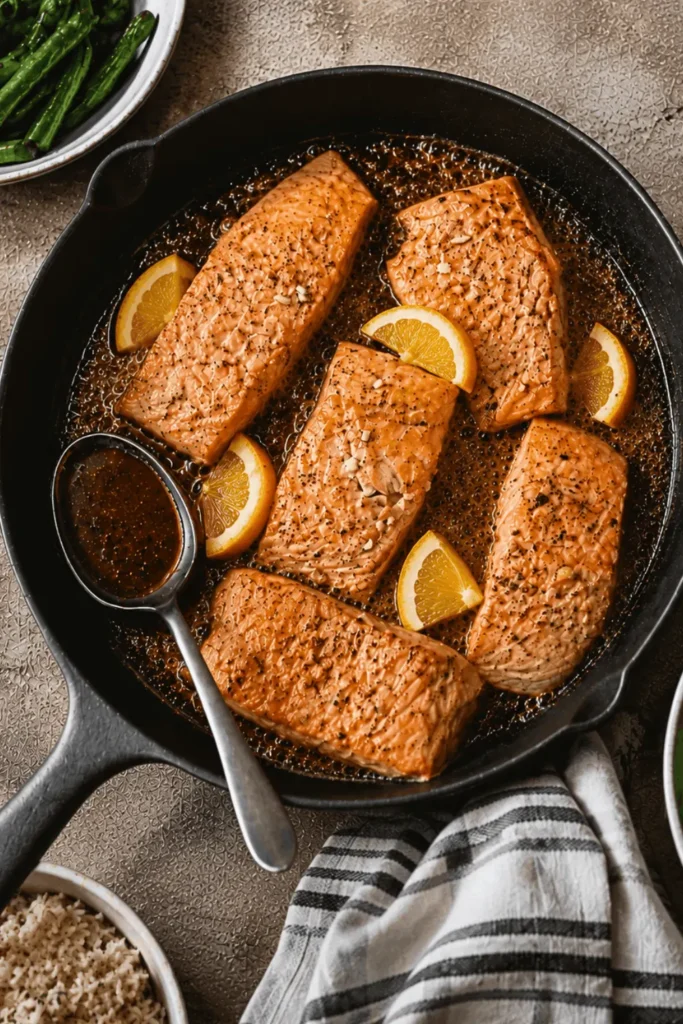 Bourbon glazed salmon fillets in a cast iron skillet with a glossy glaze, orange slices, and a side of roasted asparagus