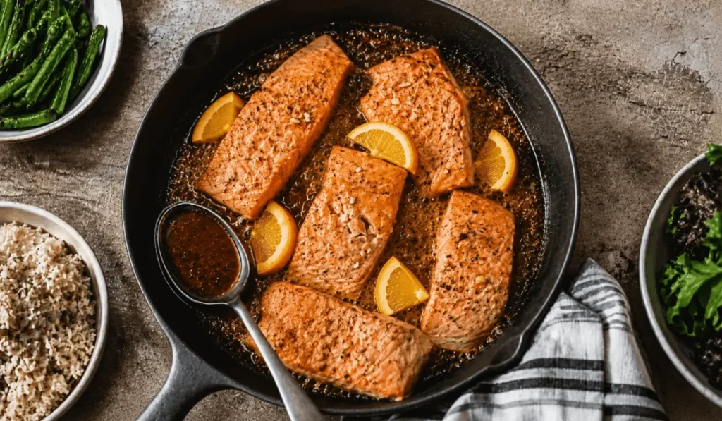 Bourbon Glazed Salmon in a skillet Served with Rice, Green Beans, and Salad