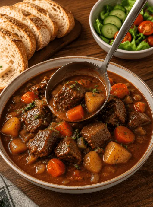 Dinty Moore Beef Stew Recipe in a rustic ceramic bowl with chunky beef, carrots, potatoes, rich savory gravy, a deep soup ladle, sliced artisan bread, and a fresh green salad.