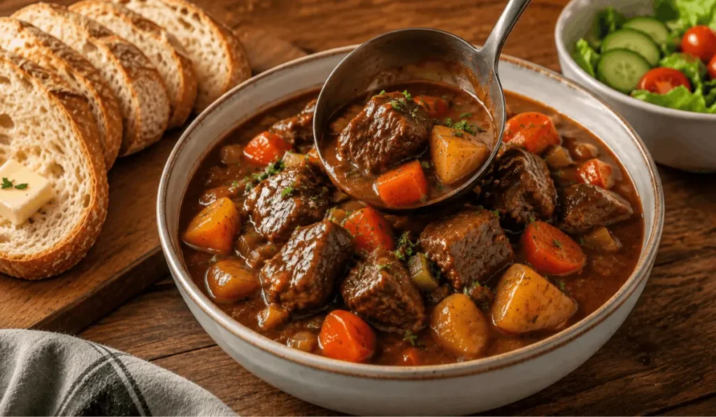Dinty Moore Beef Stew Recipe served in a rustic ceramic bowl with tender beef, potatoes, carrots, rich brown gravy, sliced crusty bread, fresh green salad, and a deep soup ladle
