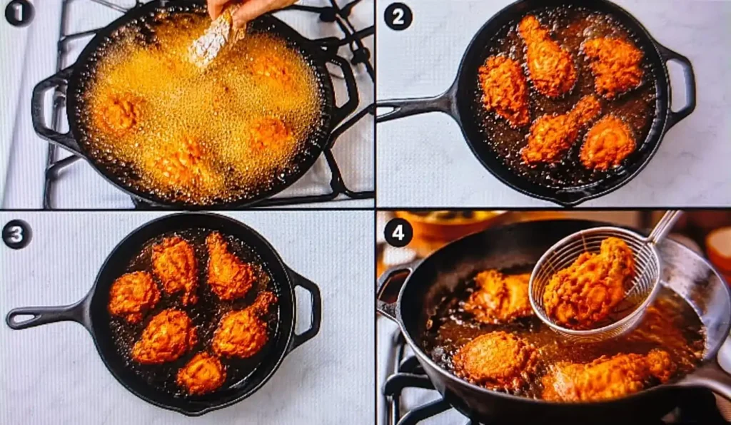 Step-by-step photos of coated chicken frying in oil until golden brown and crispy