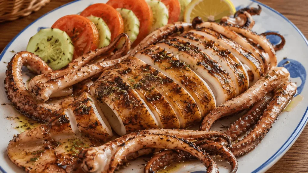 grilled calamari recipe showing charred tube slices and tentacles coated in lemon-herb marinade, garnished with lemon and fresh vegetables