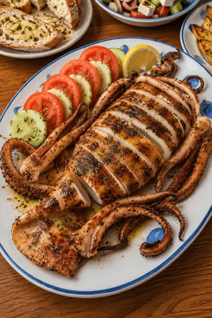 Grilled calamari recipe plated with sliced tomato and cucumber, served alongside Greek salad, garlic bread, and roasted potato wedges for a Mediterranean dinner