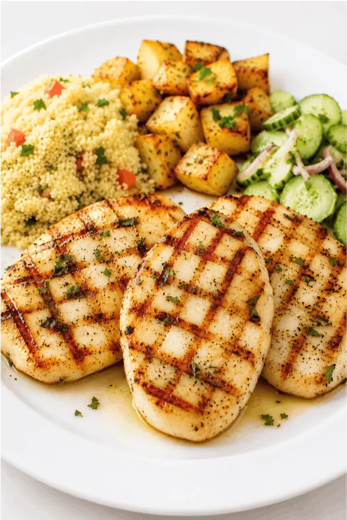 Grilled calamari steaks with couscous, roasted potatoes, and cucumber salad