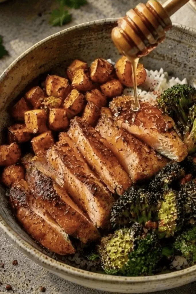 Ingredients for hot honey chicken bowl including chicken thighs, sweet potatoes, broccoli, honey, and avocado