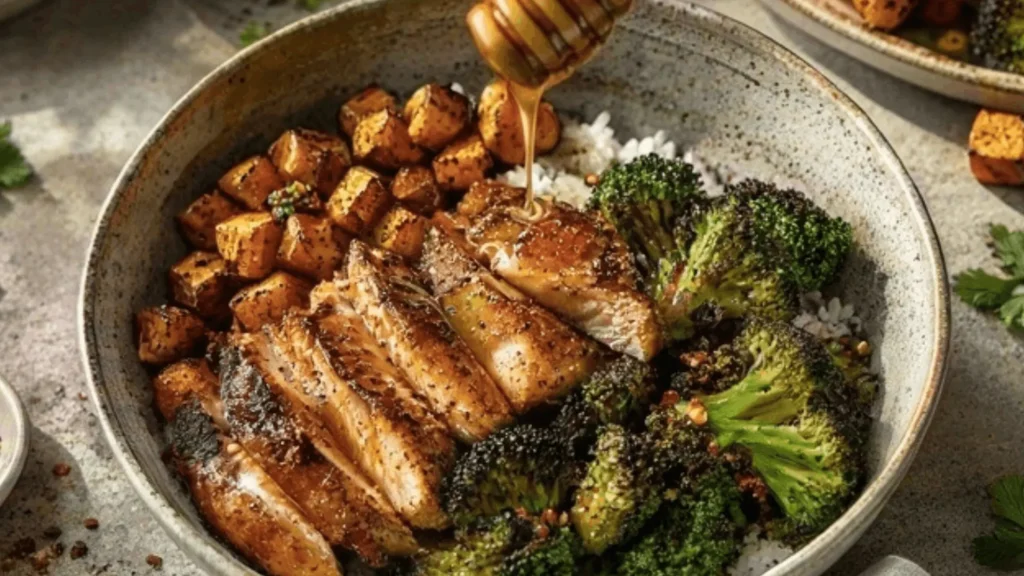 Hot honey chicken bowl with rice, chicken, roasted vegetables, and avocado