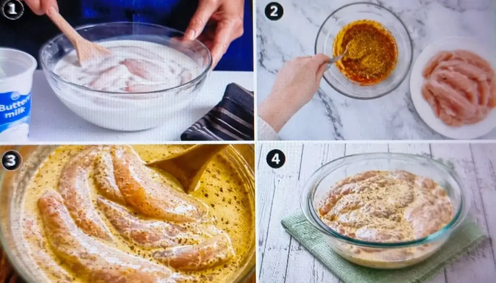 Step-by-step photos of Hot Honey Fried Chicken Sandwich breast marinating in buttermilk with seasoned oil mixed in