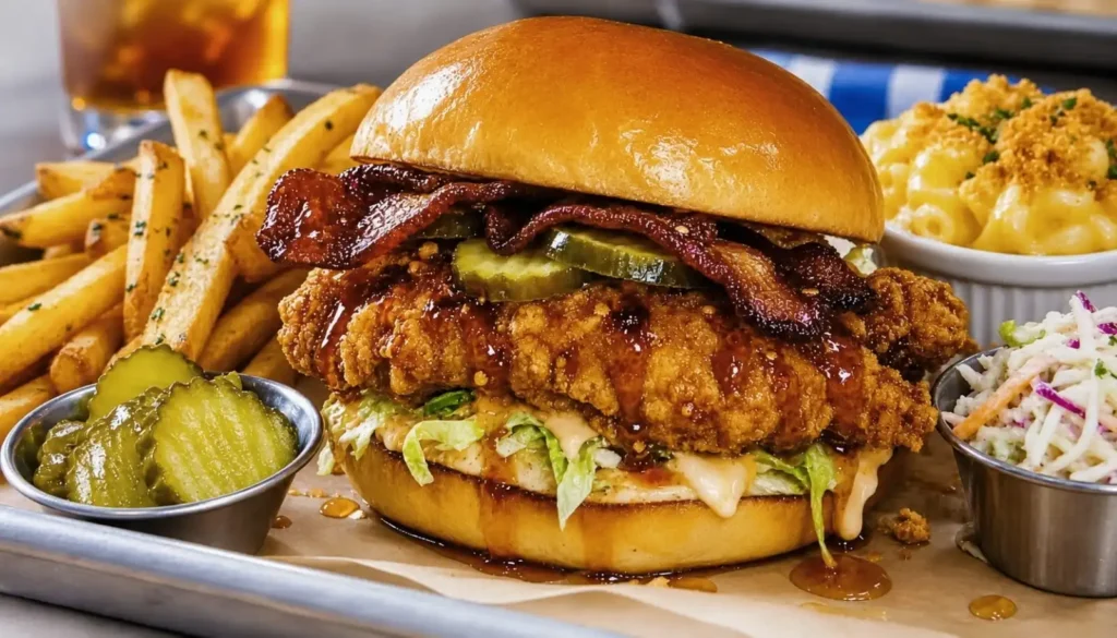 Hot honey fried chicken sandwich on a brioche bun with pickles, lettuce, and spicy mayo, served with fries and coleslaw