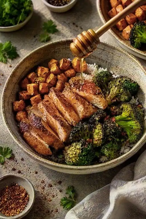 Hot honey chicken bowl close-up with honey being poured over sliced chicken and broccoli