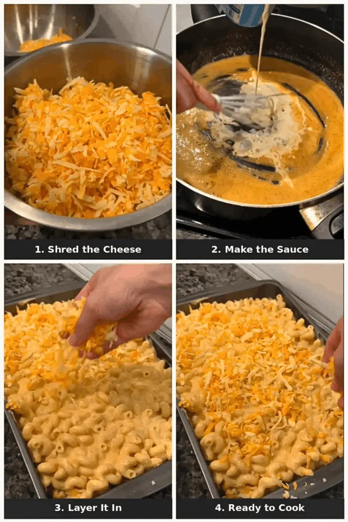 Four step photo showing how to make Paula Deen crockpot mac and cheese, from shredded cheese to the pan ready for cooking