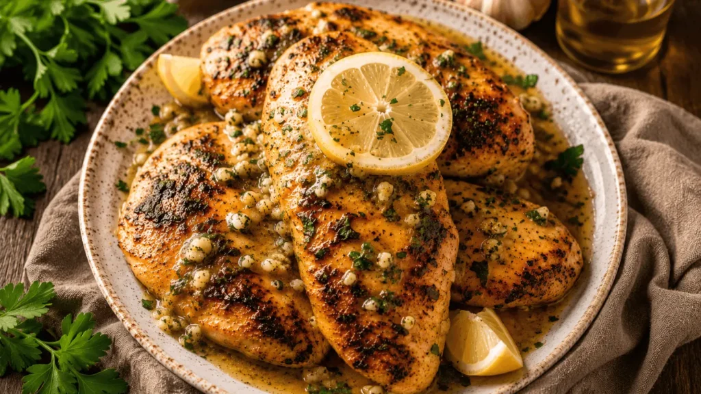 Longhorn lemon garlic chicken recipe breasts topped with a glossy garlic butter sauce and fresh lemon slice