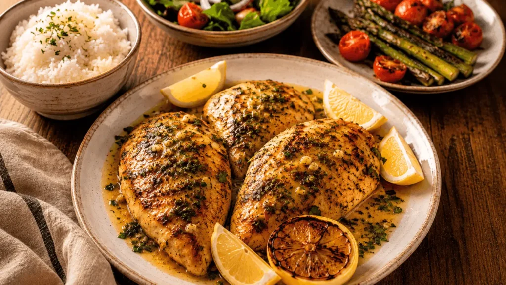 Lemon Garlic Chicken Longhorn steakhouse copycat plated with rice, roasted vegetables, and a fresh side salad