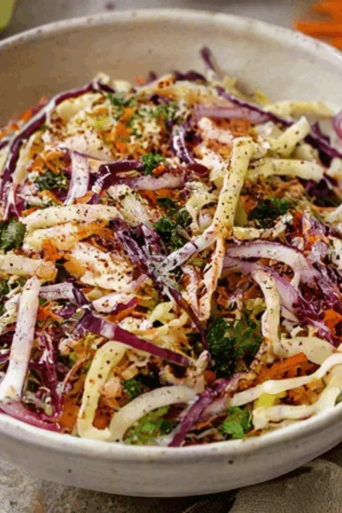 Close-up of tangy Cava Cabbage Slaw showing crunchy cabbage, carrots, red onion, and sumac seasoning